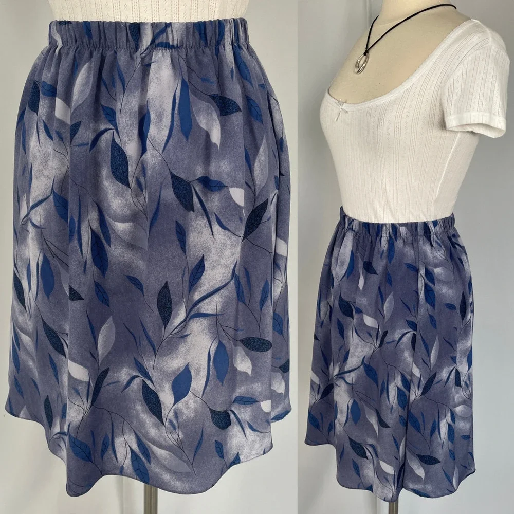 Vintage Mini Skirt Size 12P 12 Petite Blue Abstract Leaf Print A Line Boho 90s